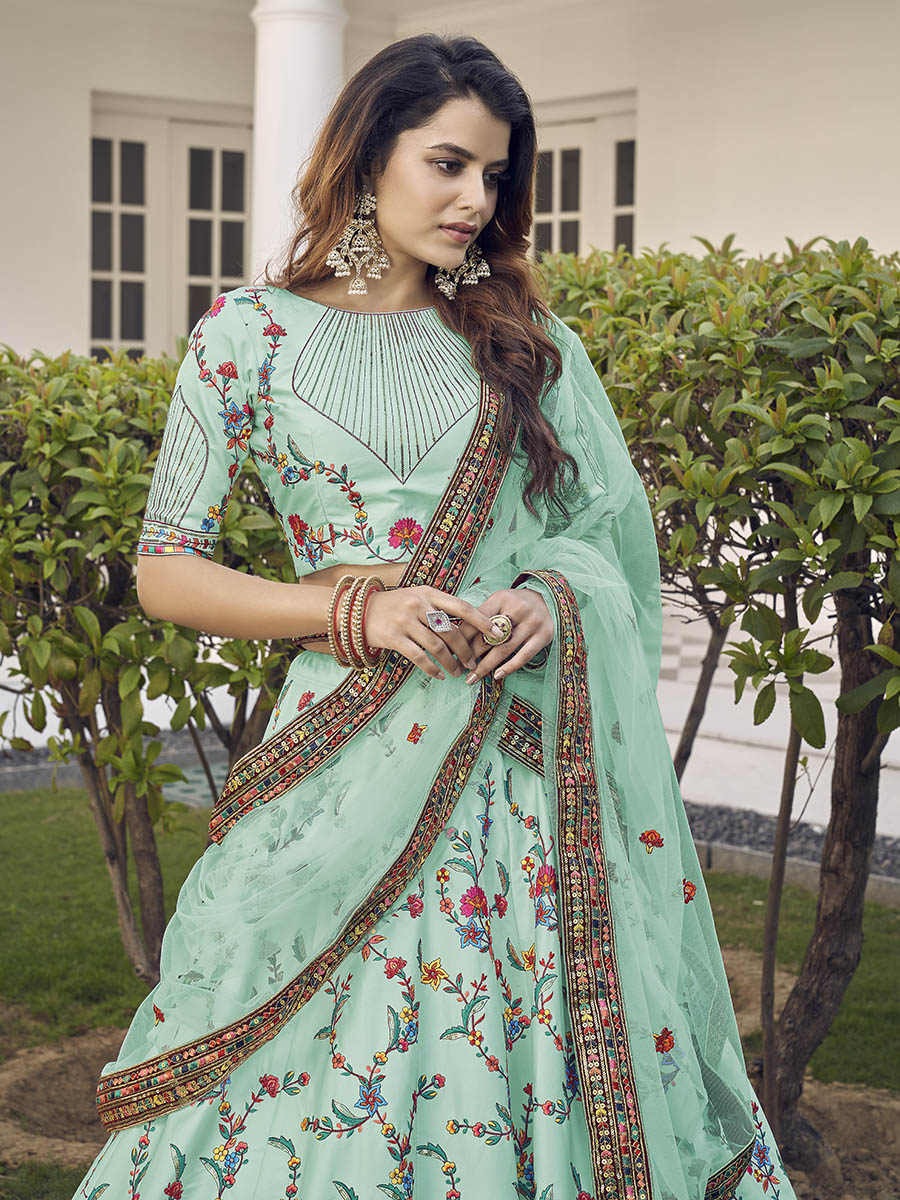 Myra Pista Green Silk Heavy Embroidered Lehenga