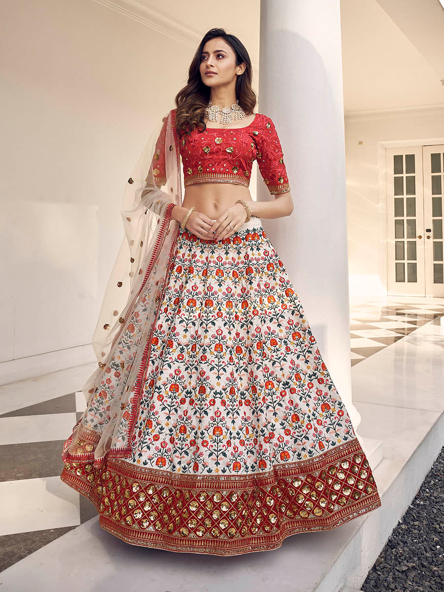 Myra White and Red Art Silk Heavy Embroidered Lehenga