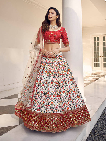 Myra White and Red Art Silk Heavy Embroidered Lehenga