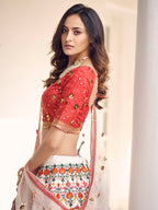 Myra White and Red Art Silk Heavy Embroidered Lehenga