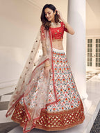 Myra White and Red Art Silk Heavy Embroidered Lehenga