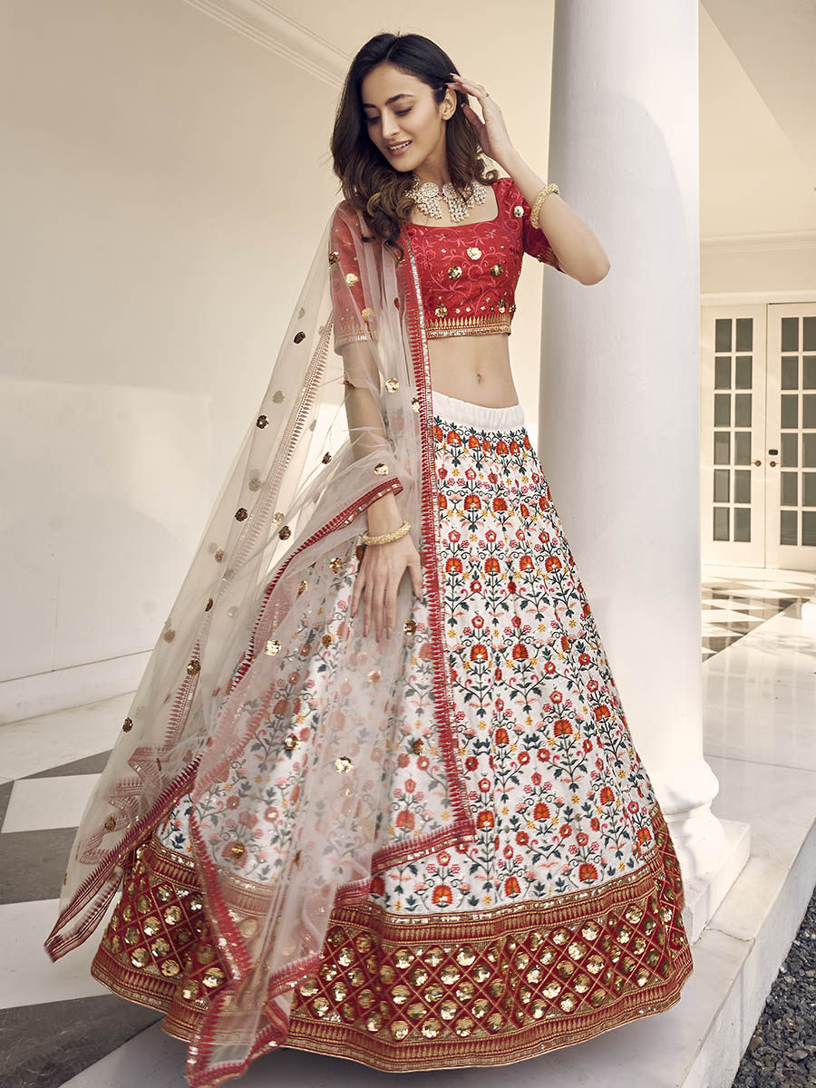 Myra White and Red Art Silk Heavy Embroidered Lehenga