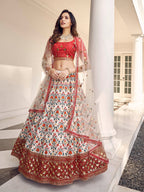 Myra White and Red Art Silk Heavy Embroidered Lehenga