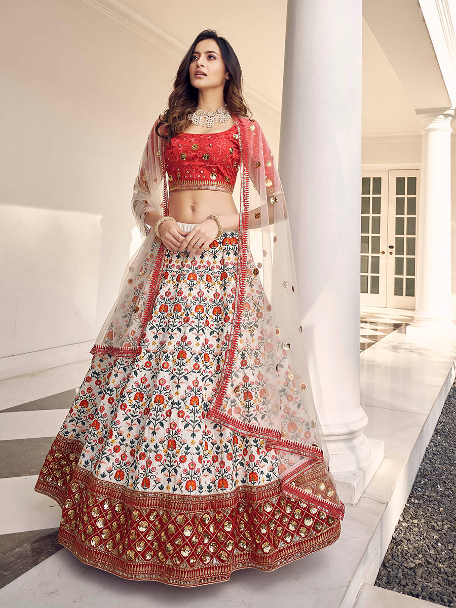 Myra White and Red Art Silk Heavy Embroidered Lehenga