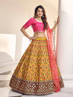 Myra Mustard Yellow and Rani Pink Art Silk Heavy Embroidered Lehenga