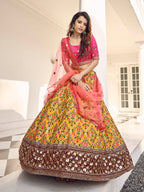 Myra Mustard Yellow and Rani Pink Art Silk Heavy Embroidered Lehenga