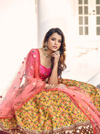 Myra Mustard Yellow and Rani Pink Art Silk Heavy Embroidered Lehenga