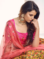 Myra Mustard Yellow and Rani Pink Art Silk Heavy Embroidered Lehenga