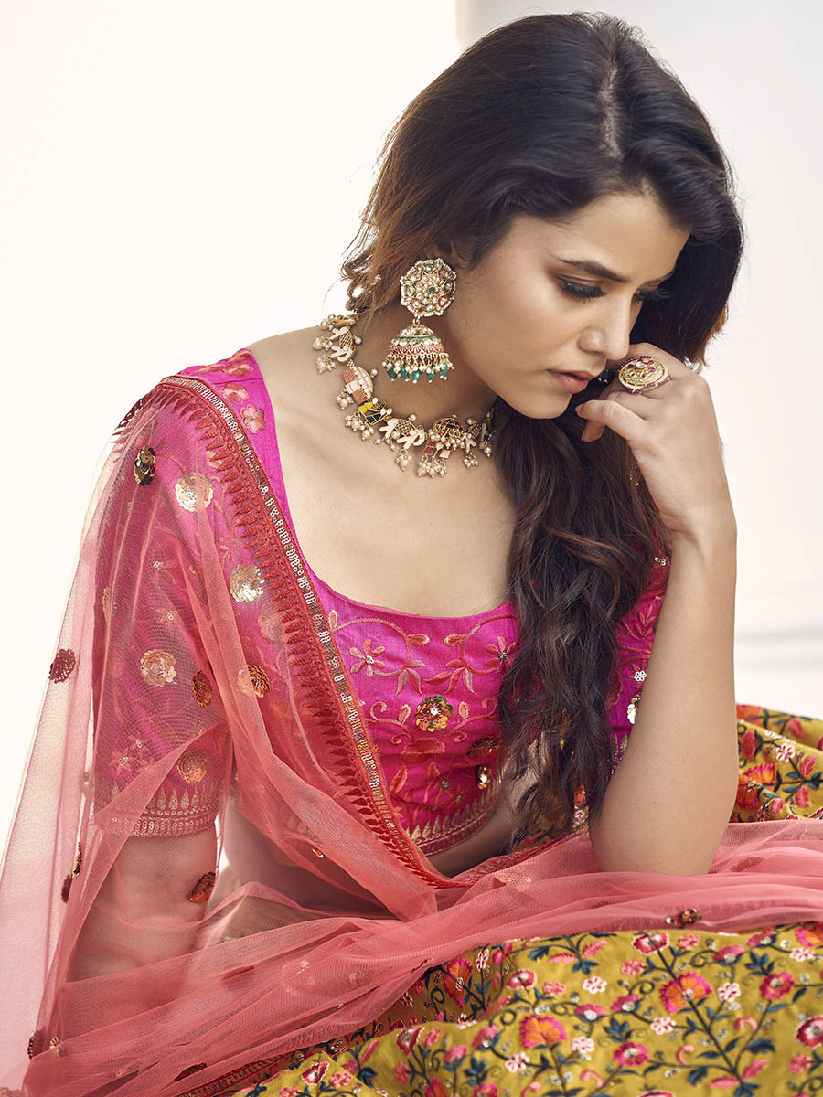 Myra Mustard Yellow and Rani Pink Art Silk Heavy Embroidered Lehenga