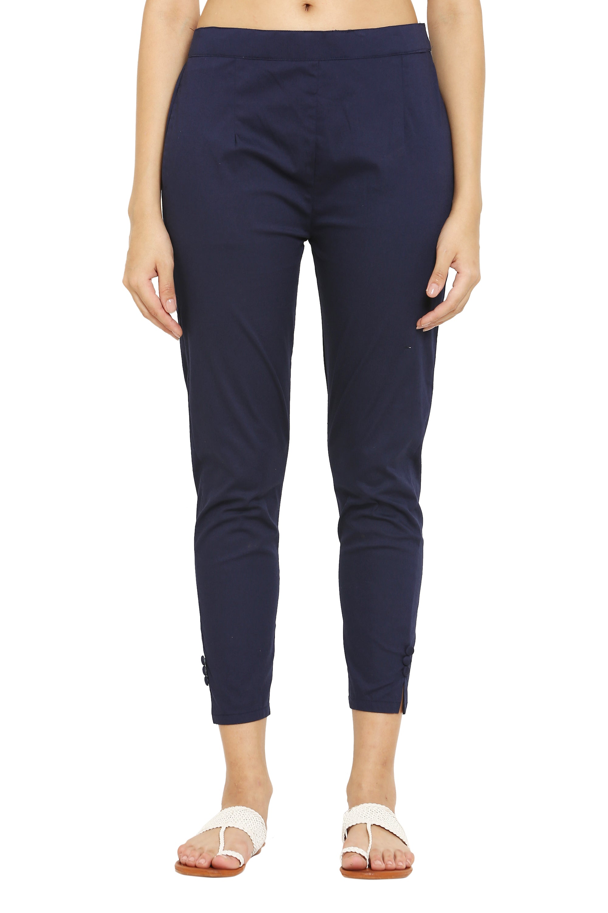 PAVONINE Navy Blue Color Stretchable Cotton Lycra Fabric Pencil Pant For Women - Distacart