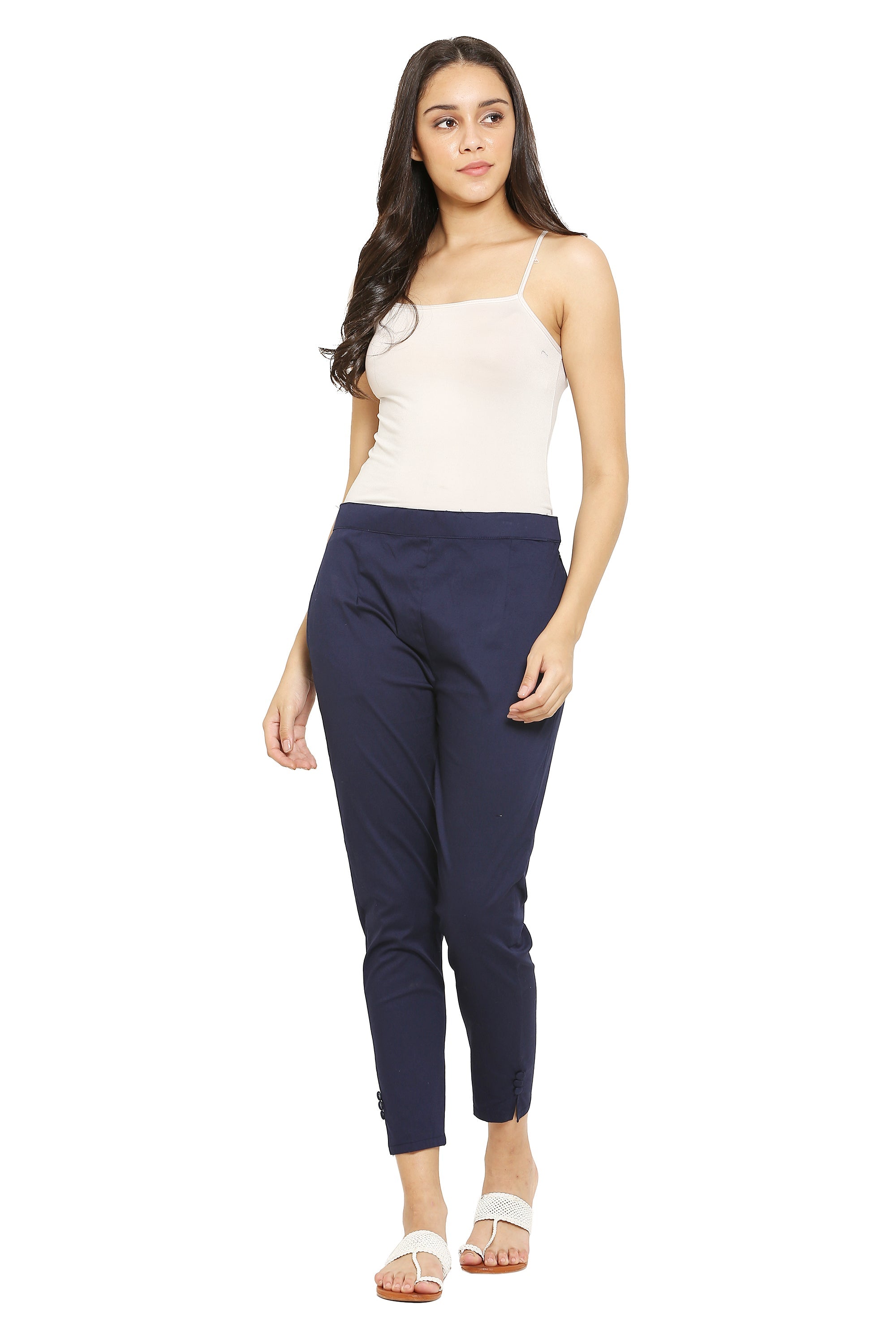 PAVONINE Navy Blue Color Stretchable Cotton Lycra Fabric Pencil Pant For Women - Distacart