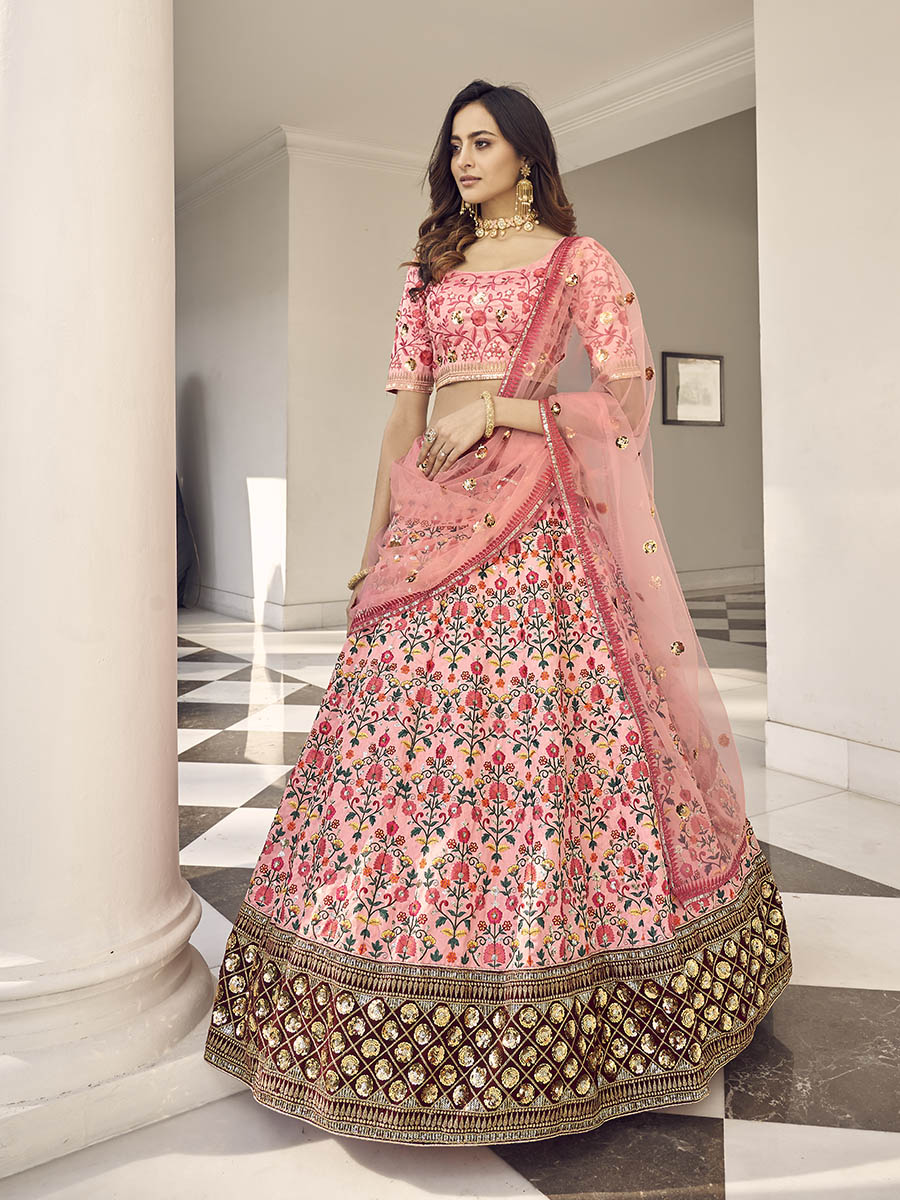Myra Pink Art Silk Heavy Embroidered Lehenga