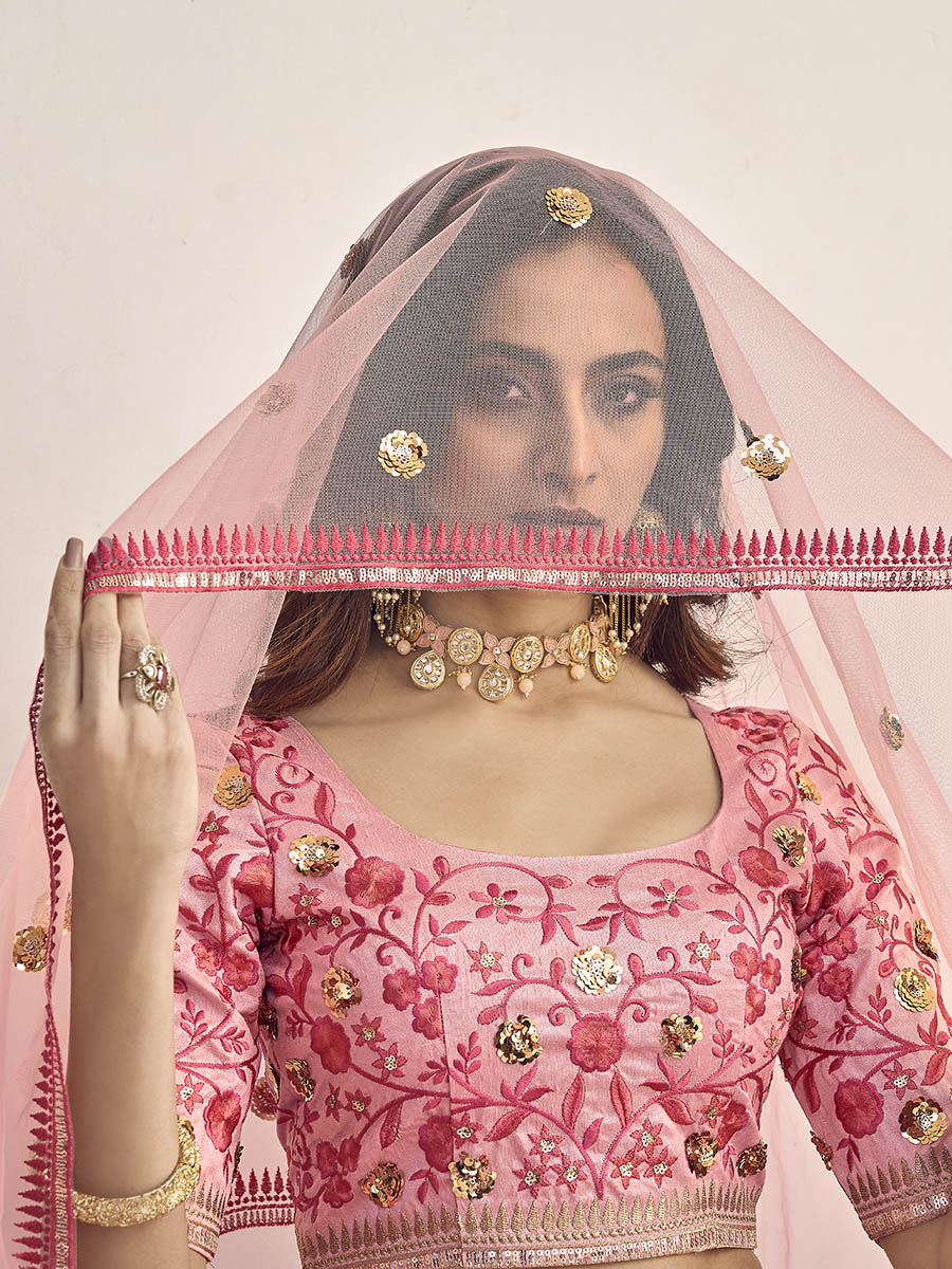 Myra Pink Art Silk Heavy Embroidered Lehenga