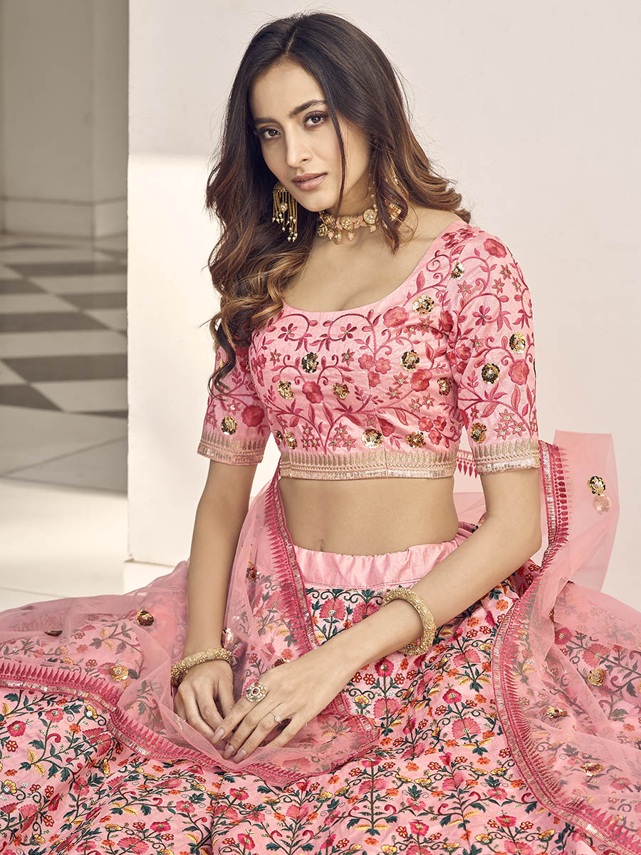Myra Pink Art Silk Heavy Embroidered Lehenga