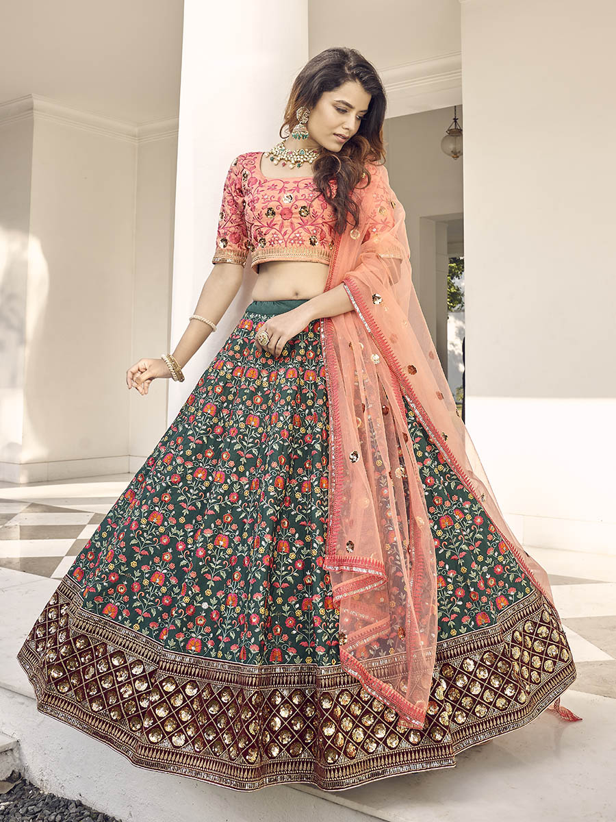 Myra Orange and Green Silk Heavy Embroidered Lehenga