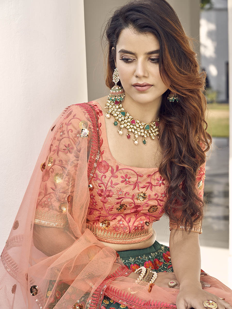 Myra Orange and Green Silk Heavy Embroidered Lehenga