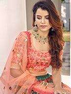 Myra Orange and Green Silk Heavy Embroidered Lehenga
