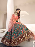 Myra Orange and Green Silk Heavy Embroidered Lehenga