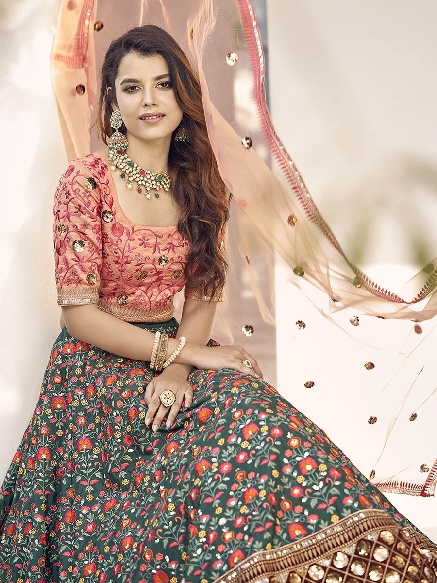 Myra Orange and Green Silk Heavy Embroidered Lehenga