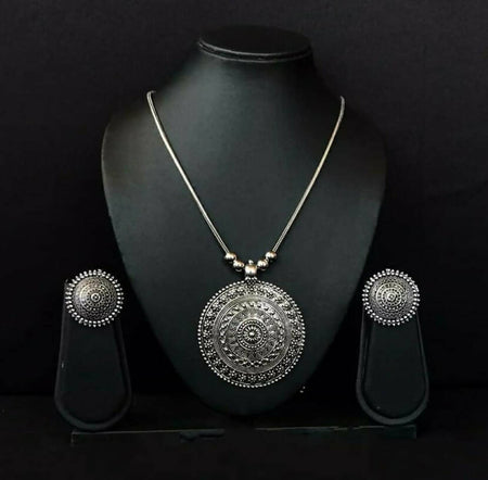 Mominos Fashion Johar Kamal Oxidised Silver-Plated Long Chain with Pendant & Studs For Women