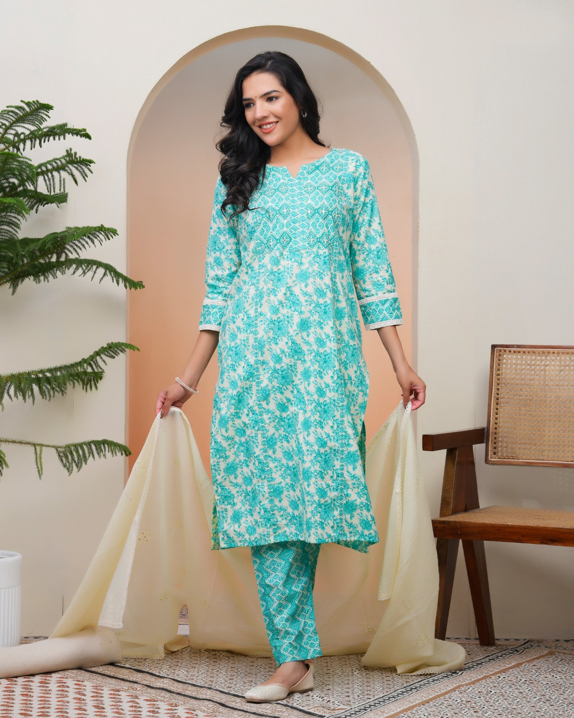 Vaasva Women Aqua Marine Cotton Kurta With Cotton Pant & Dupatta