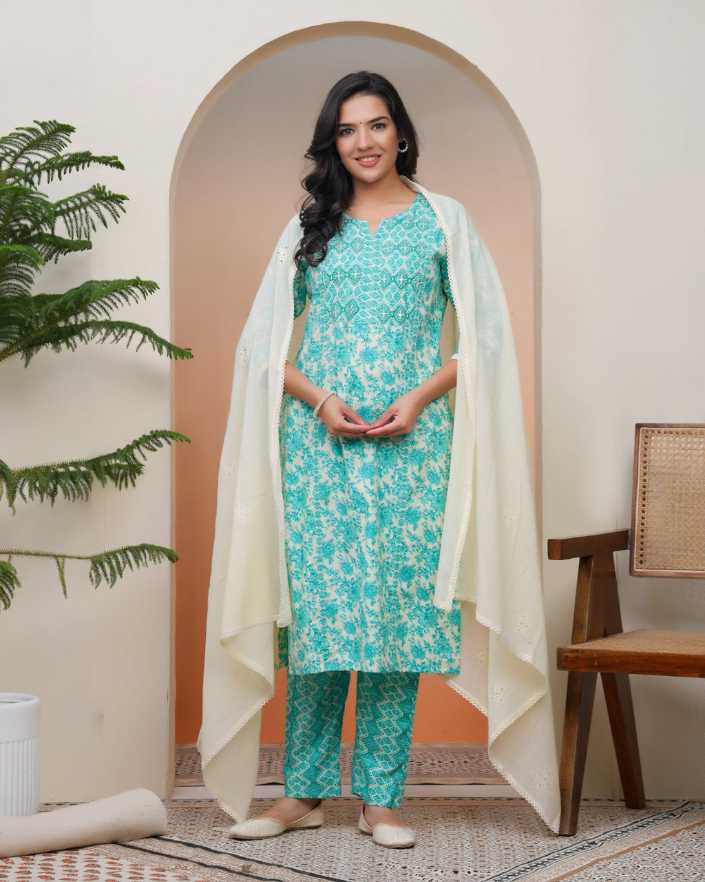 Vaasva Women Aqua Marine Cotton Kurta With Cotton Pant & Dupatta