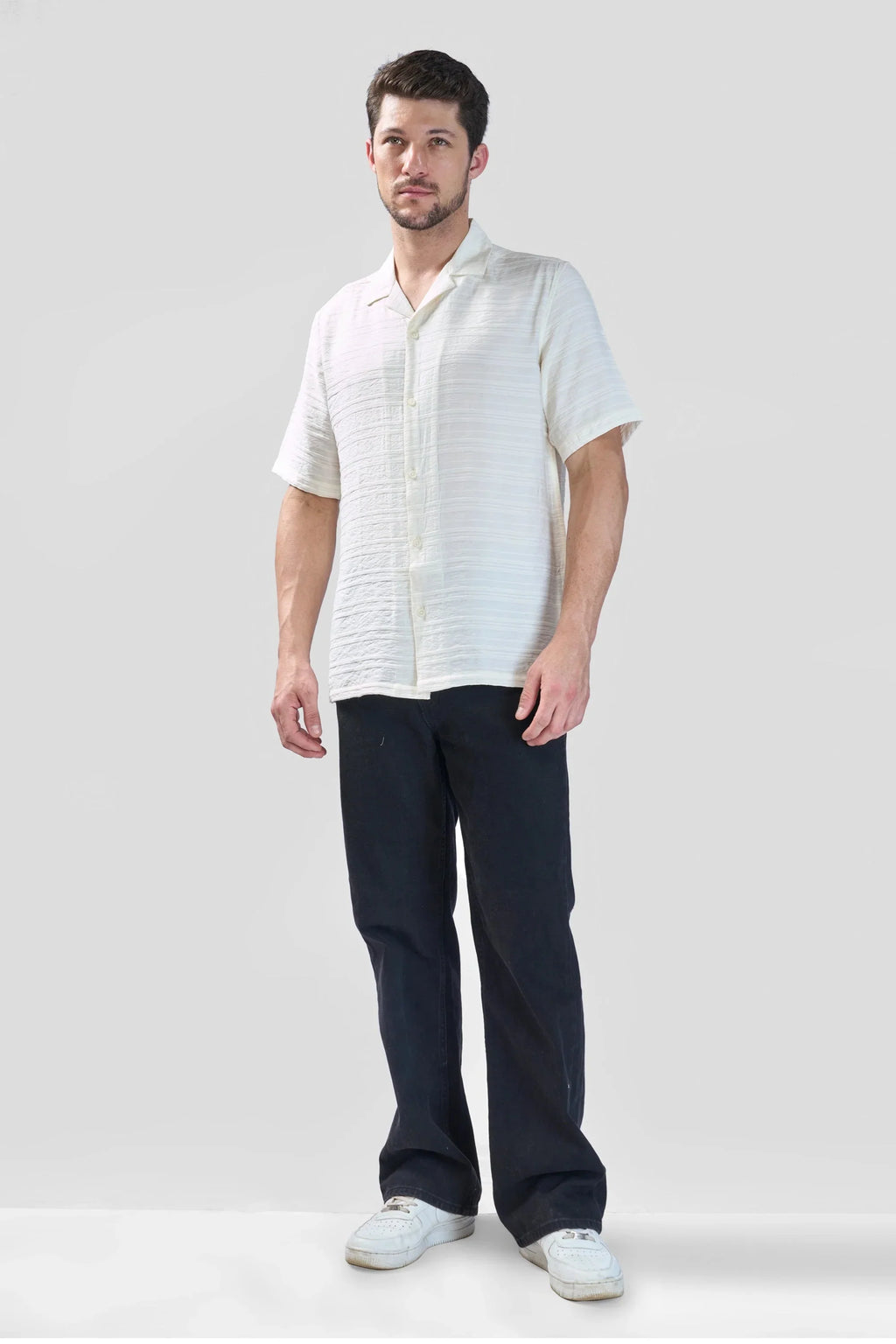 Xkind White Horizontal Pleated Stripes Relaxed Fit Shirt
