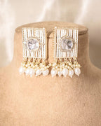 Tehzeeb Creations White Gold Square Shape Earrings With Tikka - Distacart