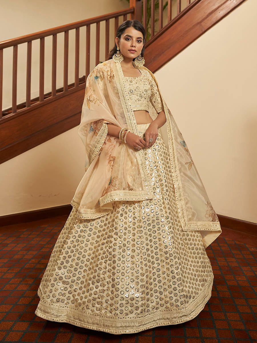 Myra Beige Art Silk Embroidered Designer Lehenga