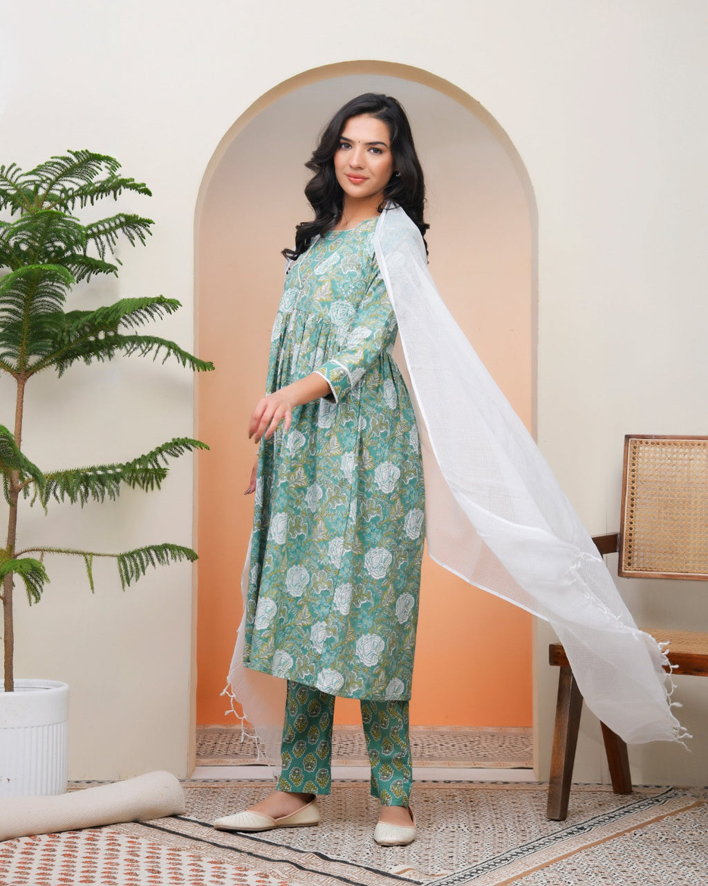 Vaasva Women Ferozi Cotton Kurta With Cotton Pant & Dupatta - Distacart