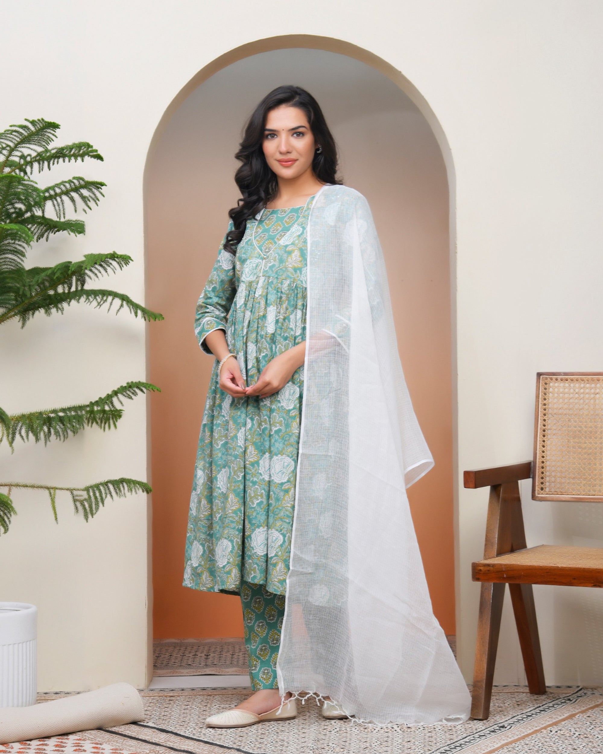 Vaasva Women Ferozi Cotton Kurta With Cotton Pant & Dupatta - Distacart