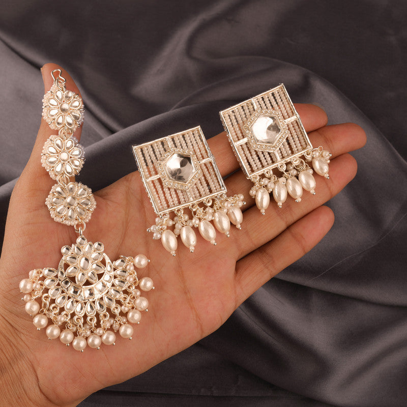 Tehzeeb Creations White Gold Square Shape Earrings With Tikka - Distacart