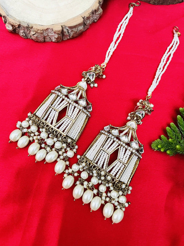 Tehzeeb Creations Stylish White Pearls Doli-Palki Kundan Earrings With Ear Chain With Tikka - Distacart