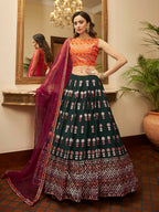 Myra Green and Deep Pink Georgette Embroidered Designer Lehenga