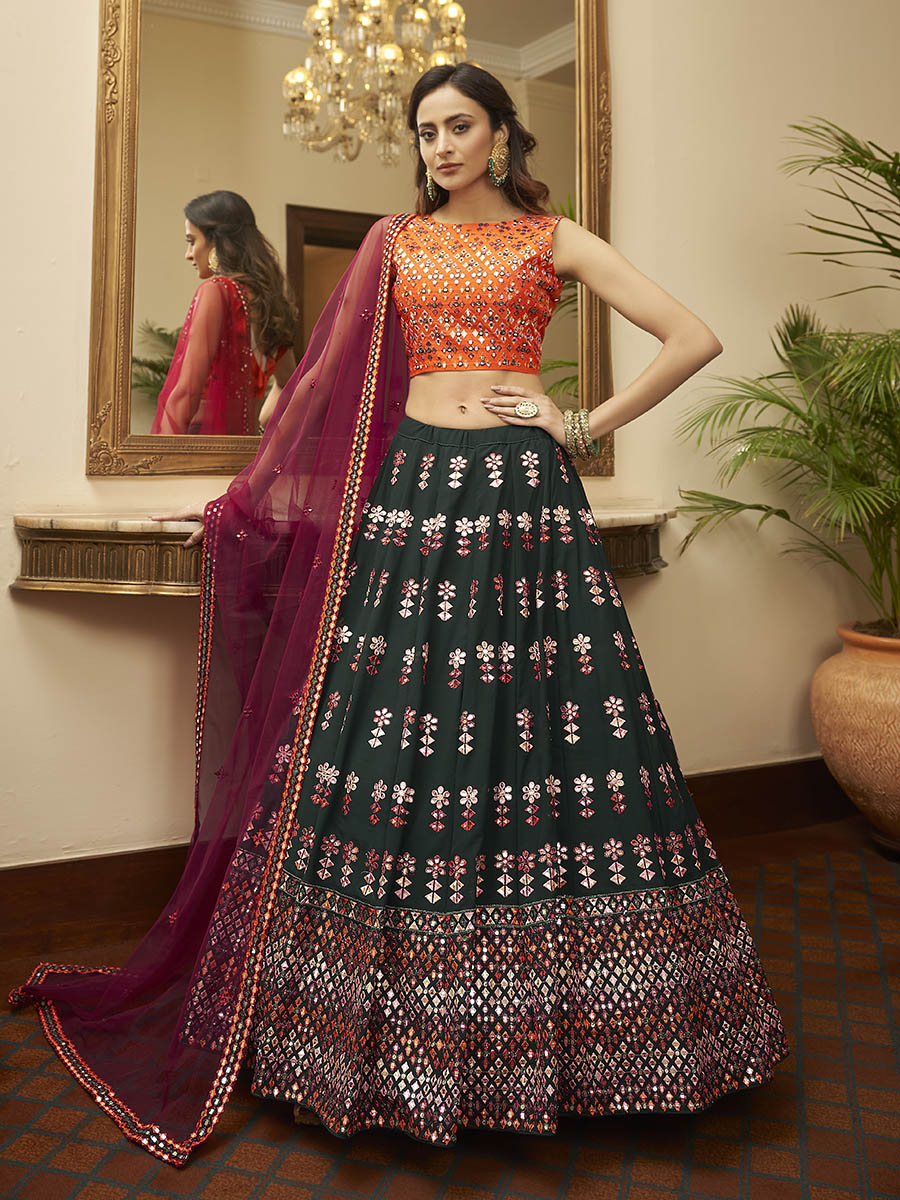 Myra Green and Deep Pink Georgette Embroidered Designer Lehenga