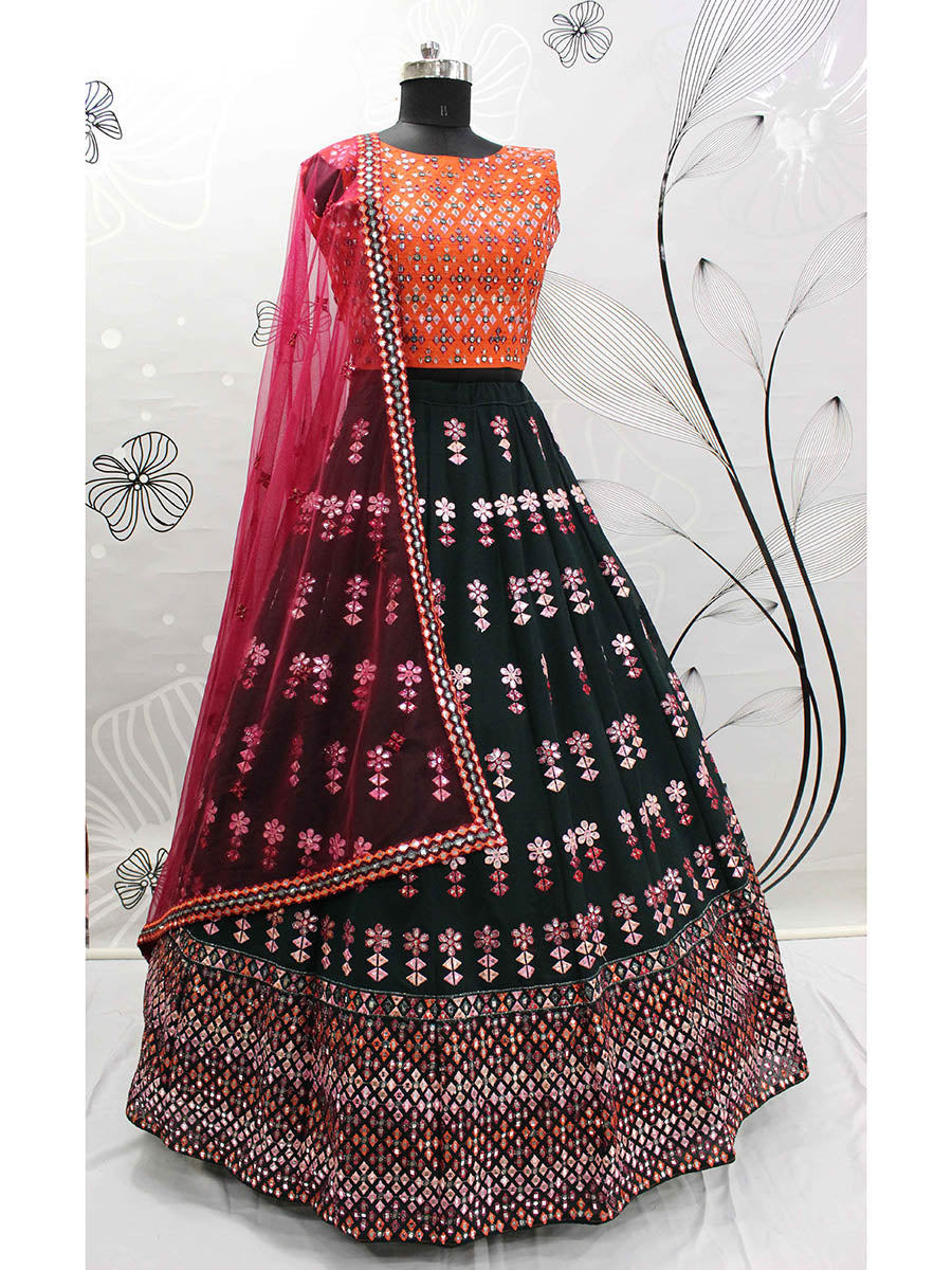 Myra Green and Deep Pink Georgette Embroidered Designer Lehenga
