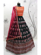 Myra Green and Deep Pink Georgette Embroidered Designer Lehenga