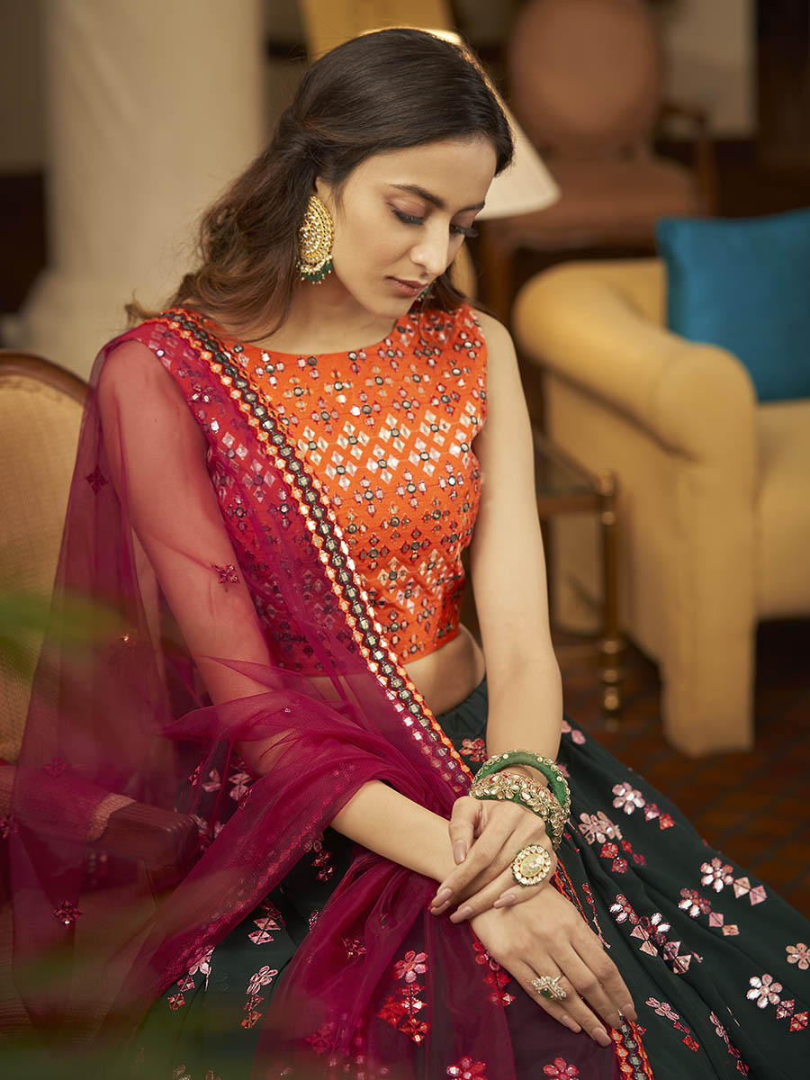Myra Green and Deep Pink Georgette Embroidered Designer Lehenga