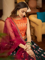 Myra Green and Deep Pink Georgette Embroidered Designer Lehenga