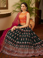 Myra Green and Deep Pink Georgette Embroidered Designer Lehenga