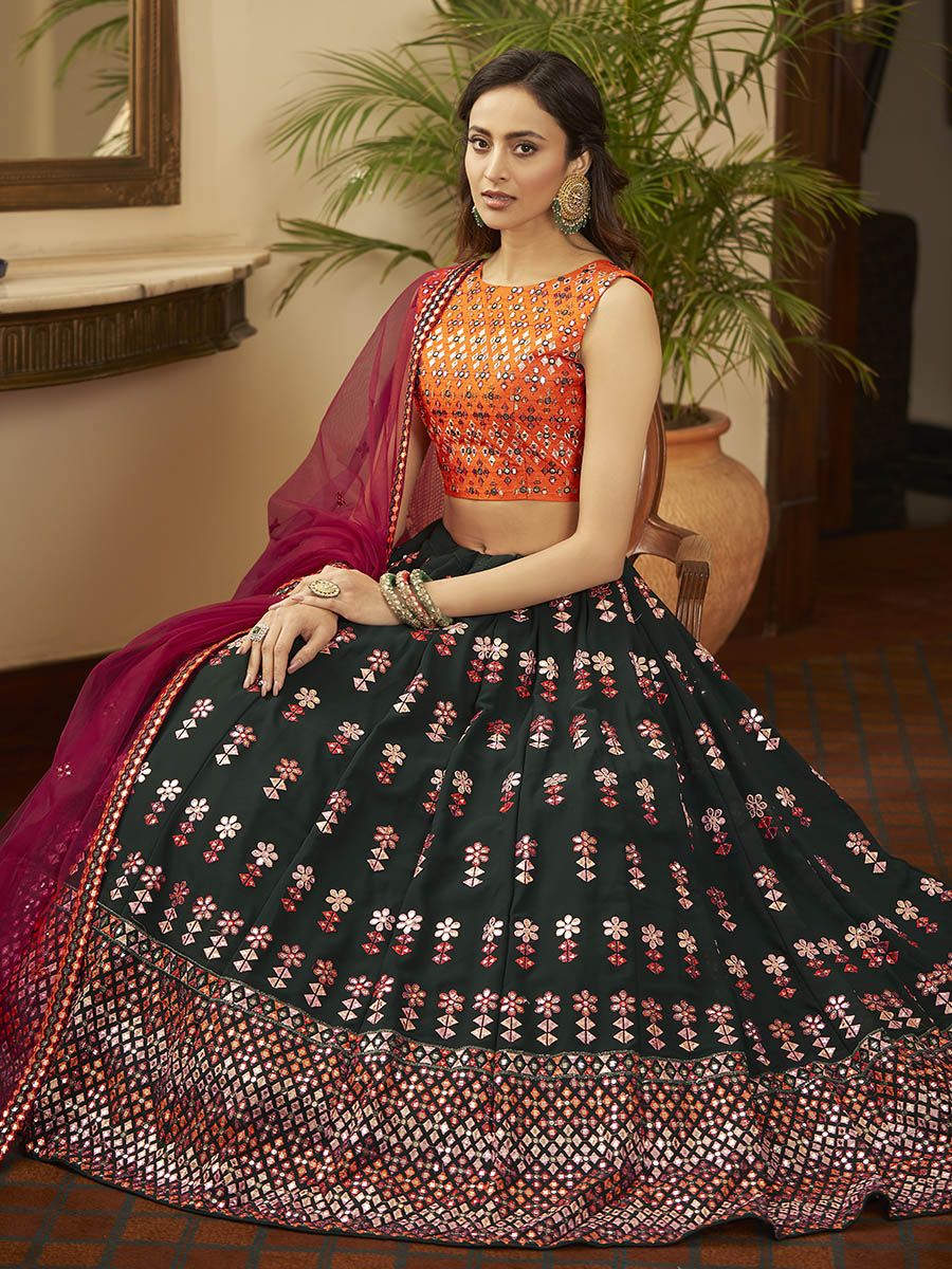 Myra Green and Deep Pink Georgette Embroidered Designer Lehenga