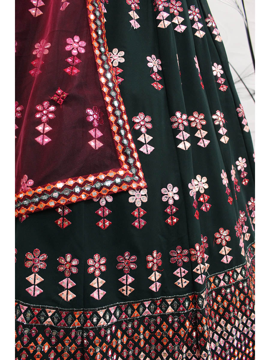 Myra Green and Deep Pink Georgette Embroidered Designer Lehenga