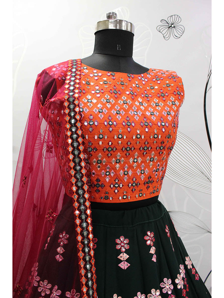 Myra Green and Deep Pink Georgette Embroidered Designer Lehenga