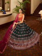 Myra Green and Deep Pink Georgette Embroidered Designer Lehenga