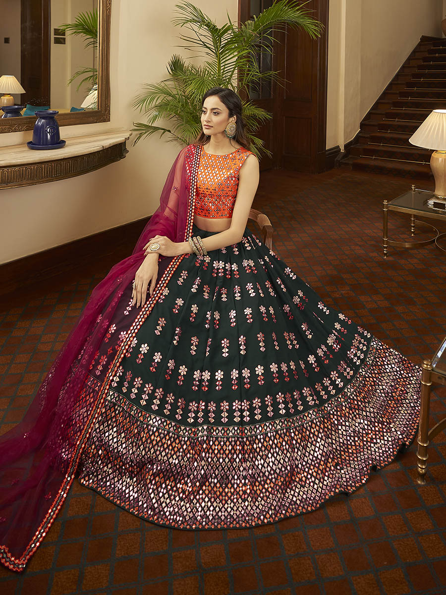Myra Green and Deep Pink Georgette Embroidered Designer Lehenga