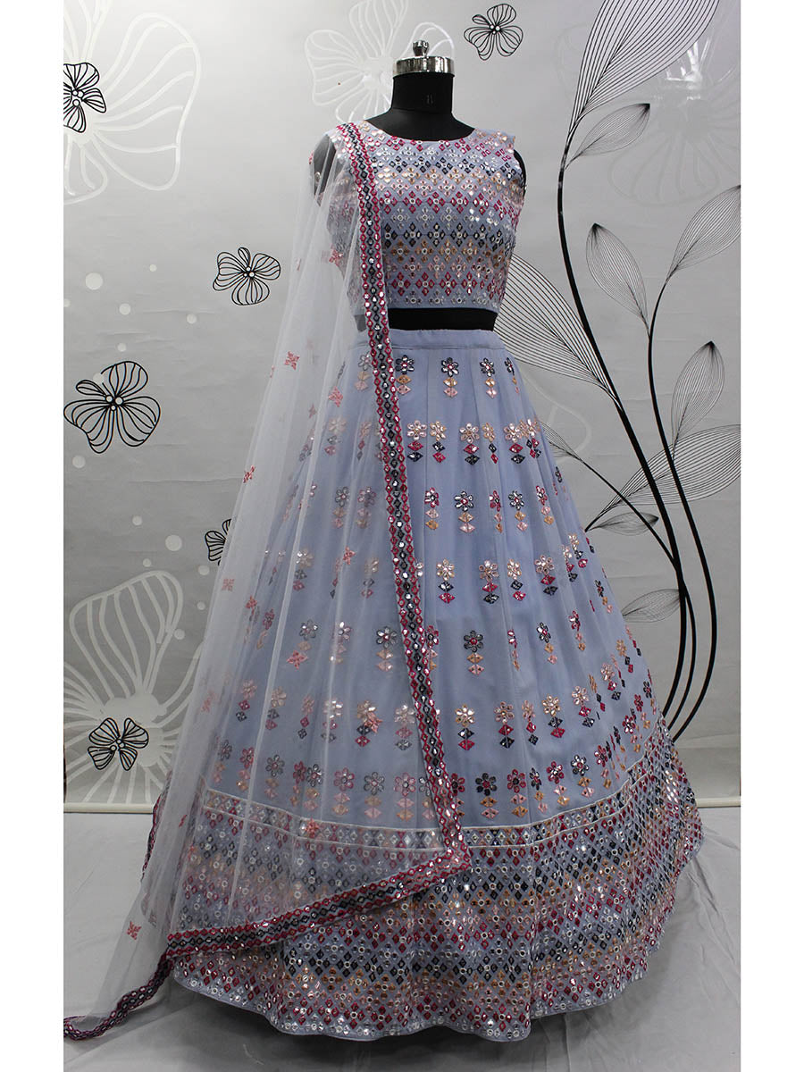 Myra Sky Blue Georgette Embroidered Designer Lehenga