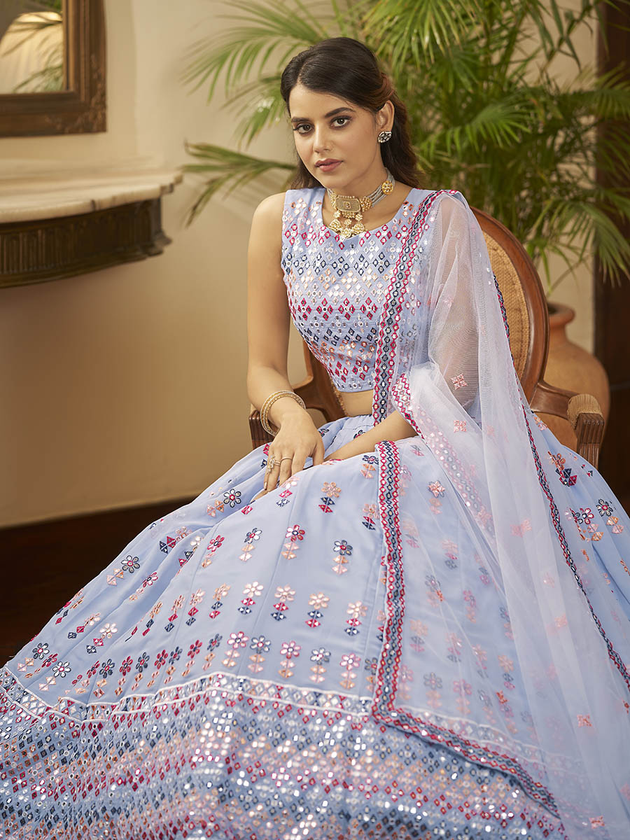 Myra Sky Blue Georgette Embroidered Designer Lehenga