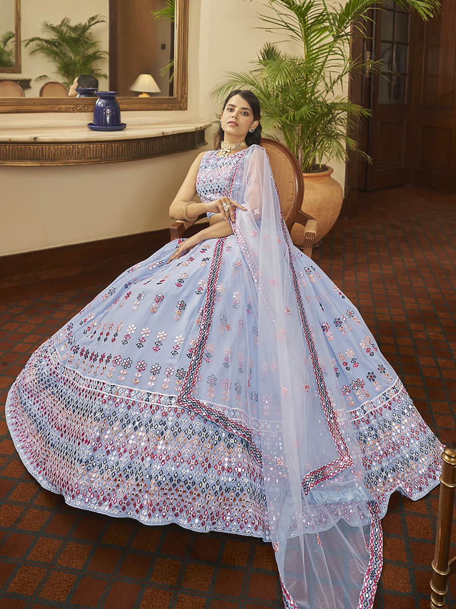 Myra Sky Blue Georgette Embroidered Designer Lehenga