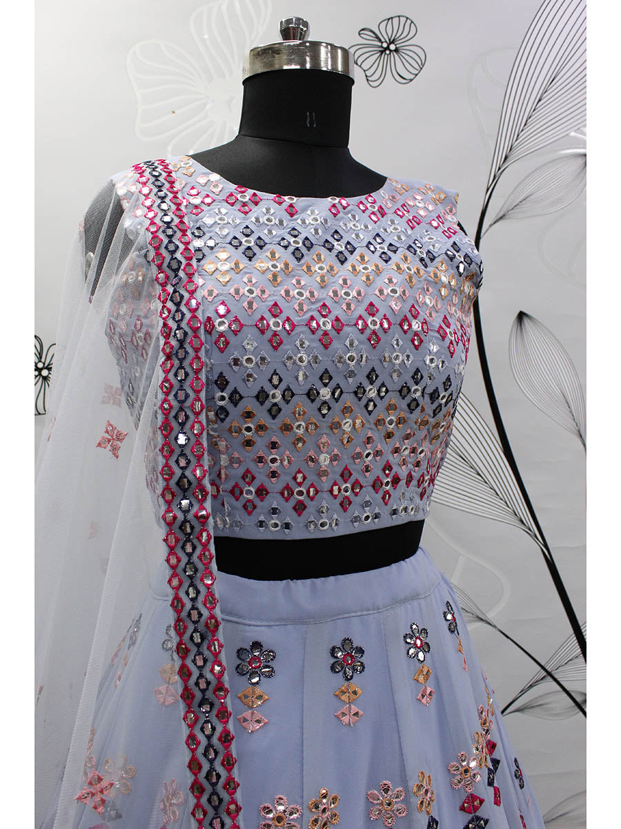 Myra Sky Blue Georgette Embroidered Designer Lehenga
