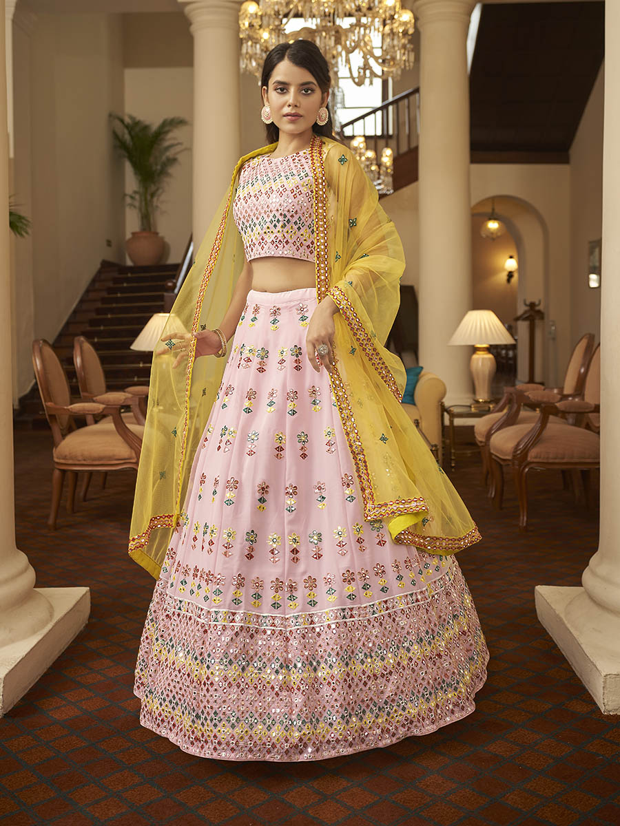 Myra Pink and Yellow Georgette Embroidered Designer Lehenga